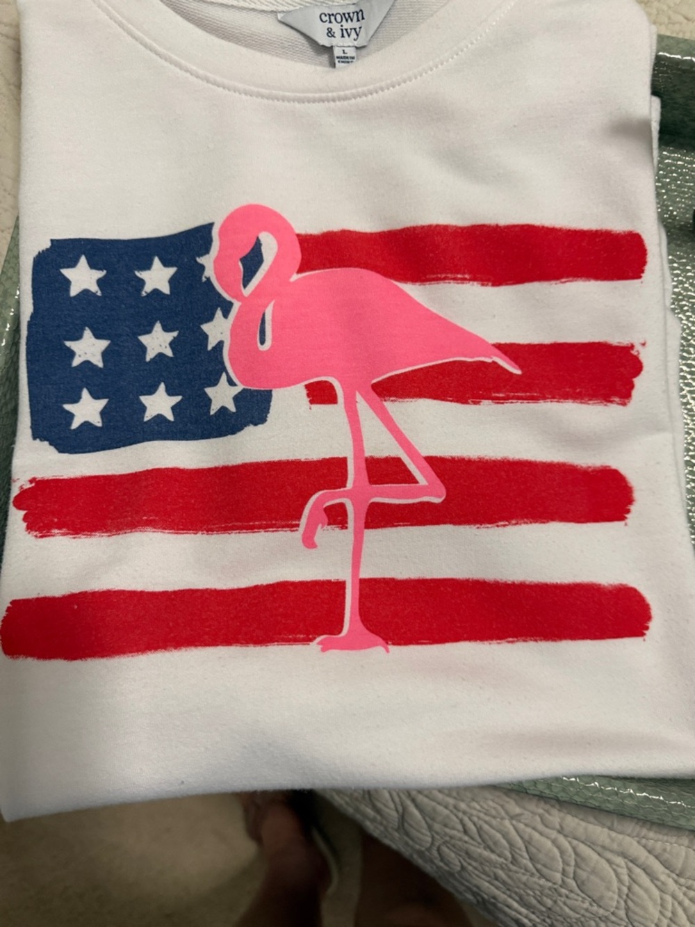 crown & ivy White Short Sleeve Tee w/Pink Flamingo & Flag & matching earrings - Picture 4 of 8